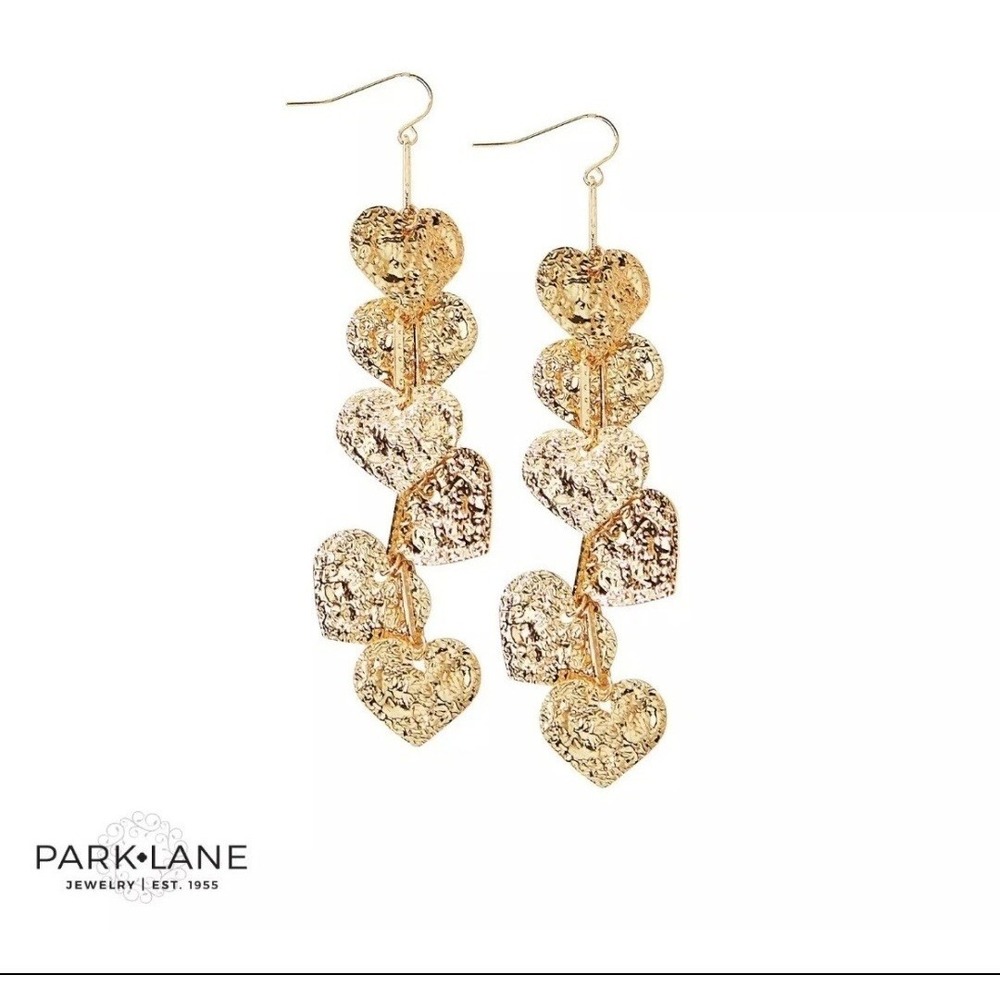 Park Lane Crush Hammered Gold Tone Drop Earrings Heart Shapes Brand New In Box